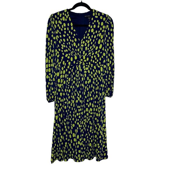 Maggy London‎ Polka Dot V-Neck Long Sleeve Dress Size 2 Navy Blue Lime Green NEW - Picture 1 of 10